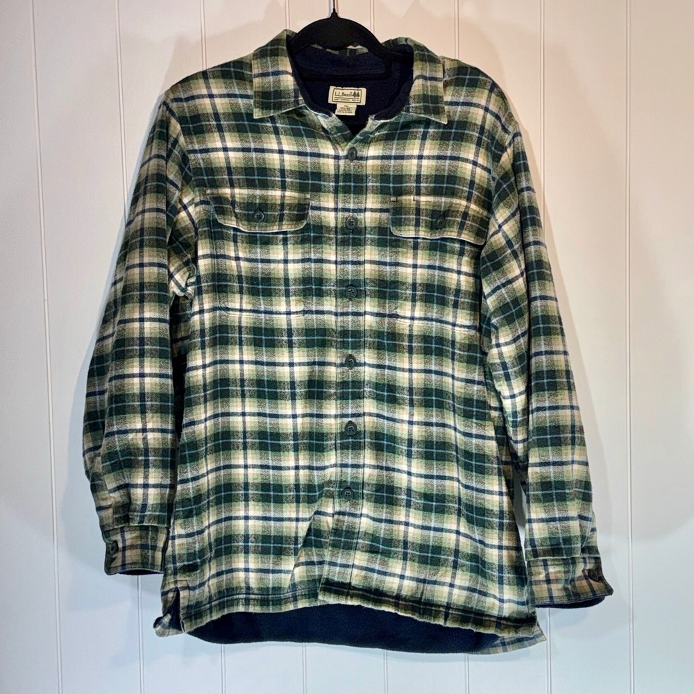 LL Bean Fleece Lined Flannel Shirt Mens Medium Green Plaid Button Up Jacket